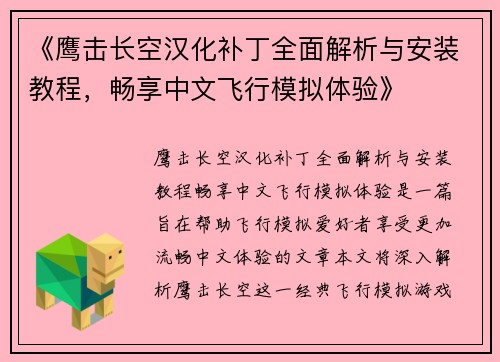 《鹰击长空汉化补丁全面解析与安装教程，畅享中文飞行模拟体验》